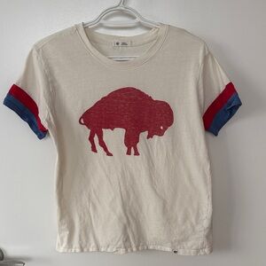 Cream Graphic Buffalo Bills Tee with Red & Blue Sleeve Detail